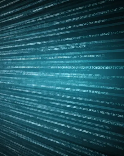 Clean abstract visualization of computer code and data streams in cyan and white tones