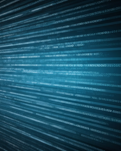 Clean abstract visualization of computer code and data streams in cyan and white tones