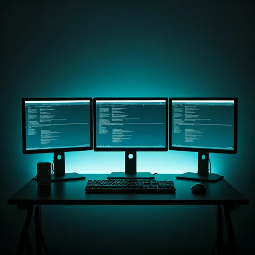 High-tech workspace with multiple monitors glowing in cool blue and cyan light