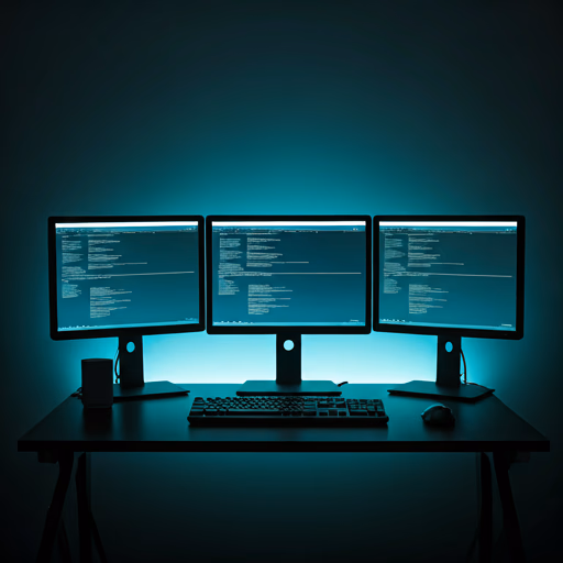 High-tech workspace with multiple monitors glowing in cool blue and cyan light