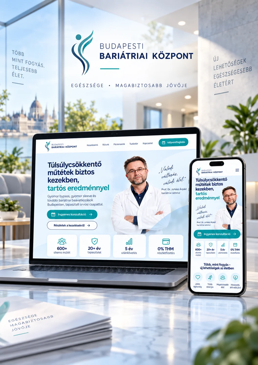 Budapesti Bariátriai Központ weboldala laptopon és mobilon — Egészségügyi Weboldal & SEO
