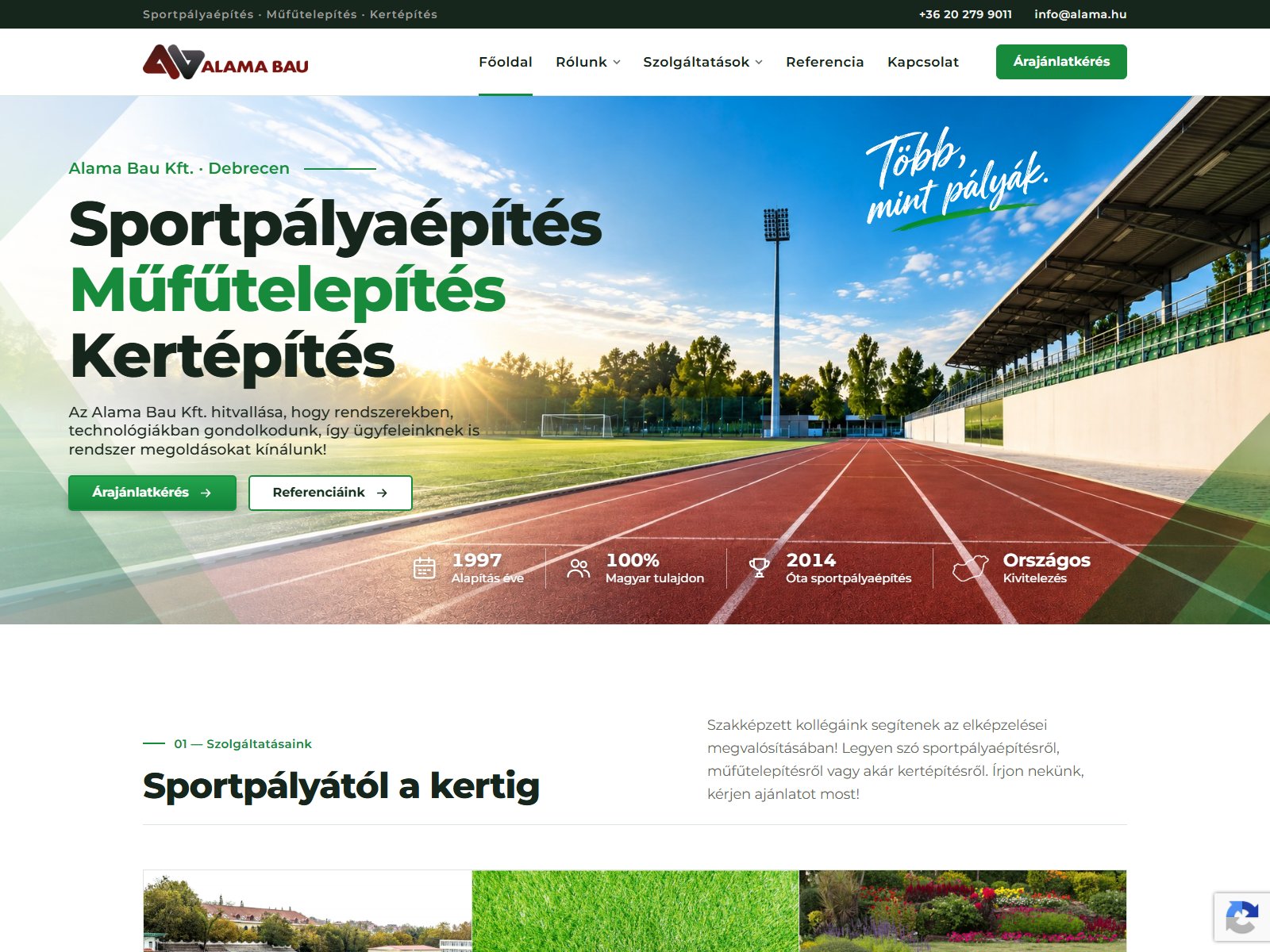Alama Bau Kft. sportpályaépítő cég weboldala (alama.hu)