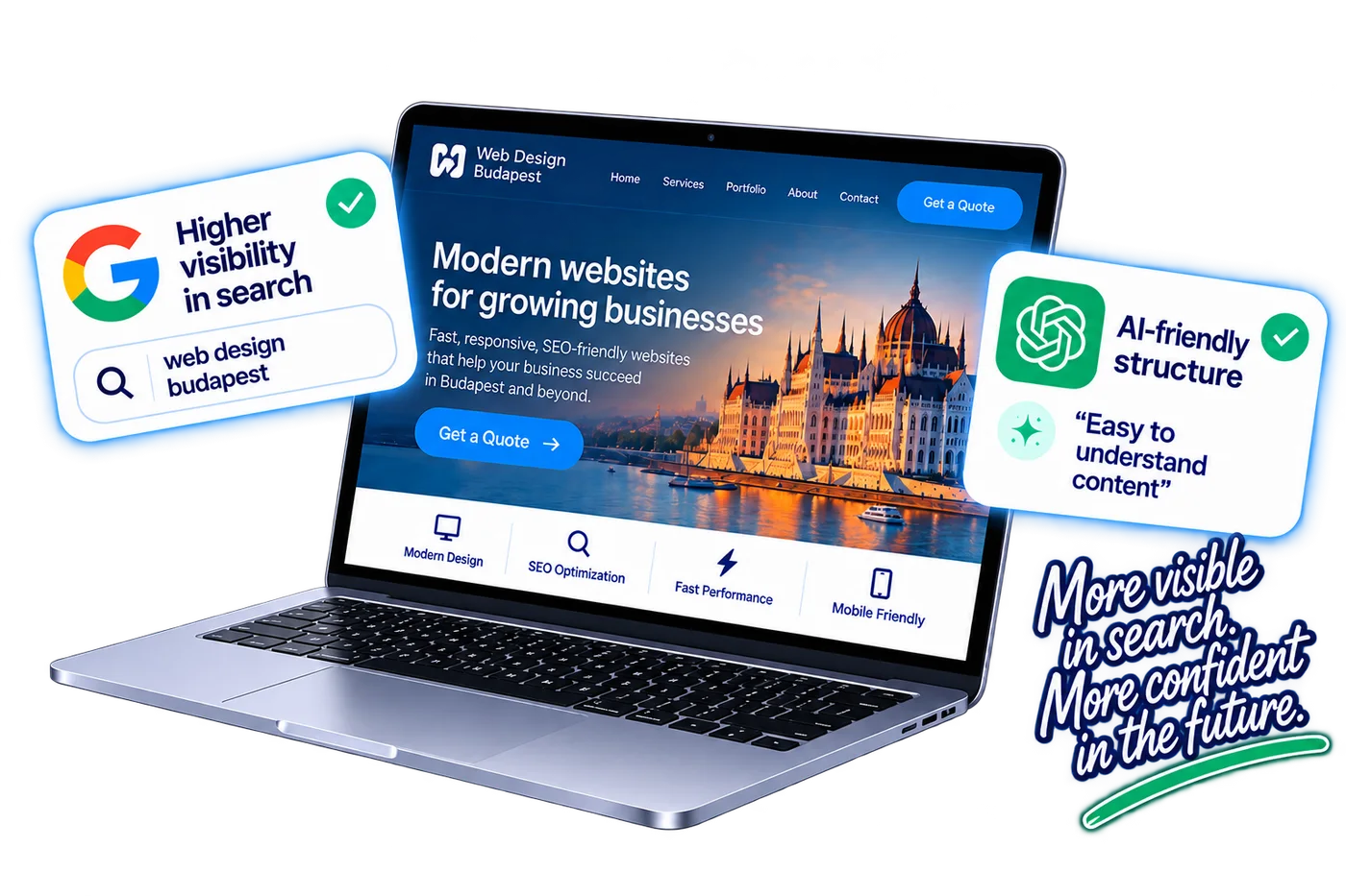 Web Design Budapest website on a laptop — search-optimised, AI-friendly structure