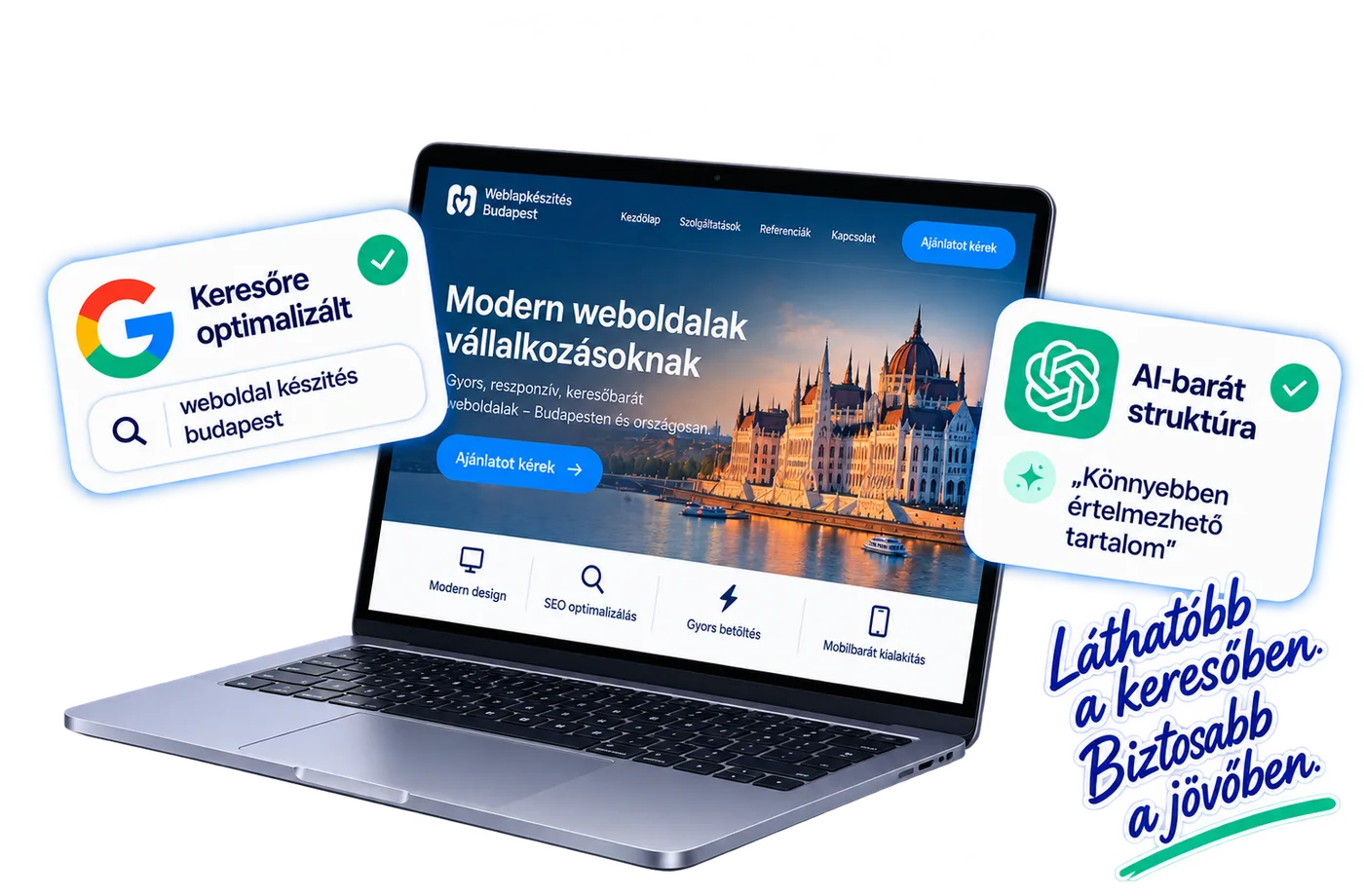 Weblapkészítés Budapest weboldal laptopon — keresőre optimalizált, AI-barát struktúrával